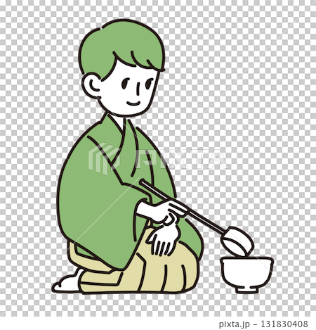 一名男子在茶道中使用勺子 一名男子在茶道中使用勺子 131830408