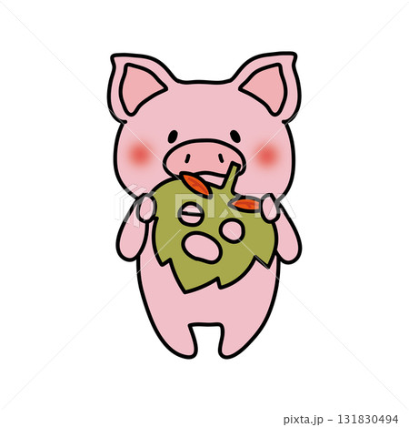 落ち葉のお面を持つぶた 131830494