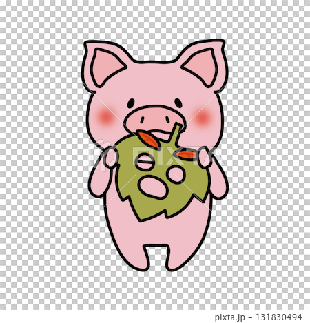 落ち葉のお面を持つぶた 131830494