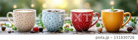 Coffee cups with coffee beans, berries and mint on wooden table. 131830726