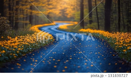 Road in the forest with yellow flowers. Nature background. Soft focus. 131830727