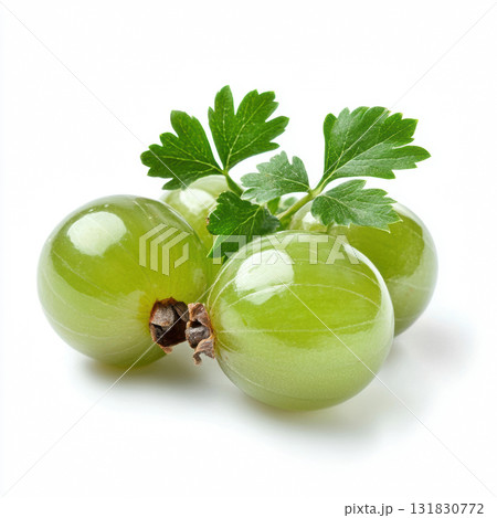 Fresh three green Gooseberries fruit with leaf isolated on white background 131830772