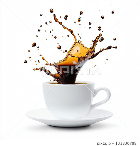 A dynamic splash of rich brown coffee in ceramic cup and saucer isolated on white background A dynamic splash of rich brown coffee in ceramic cup and saucer isolated on white background 131830789