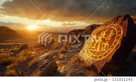 A large rock with a sun in the background and a symbol on it 131831243