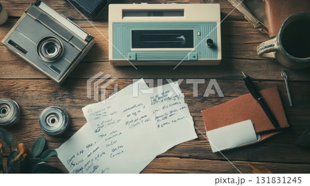 A typewriter sits on a wooden table with a stack of papers and a pen 131831245
