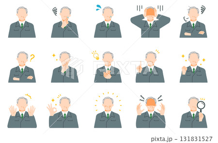 作業服を着たシニア世代の管理職の様々な表情イラストセット。フラットデザイン。 131831527