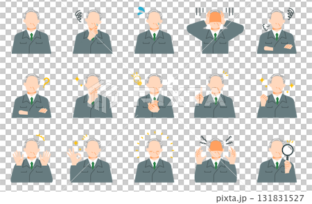 作業服を着たシニア世代の管理職の様々な表情イラストセット。フラットデザイン。 131831527