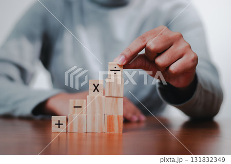 Analyzing business growth trends with wooden blocks office desk infographic professional close-up strategy 131832349