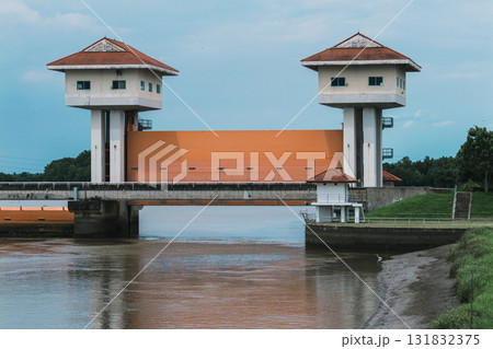 Water control structure operations riverbank infrastructure urban environment side view engineering concepts 131832375