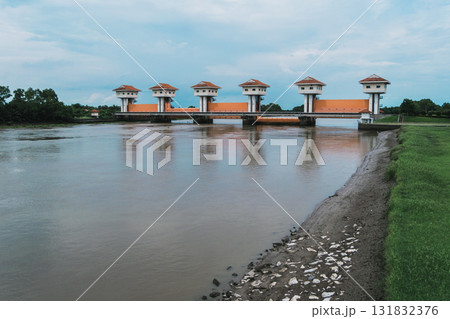 Water gate structure enhances river management rural landscape calm environment wide angle engineering design 131832376