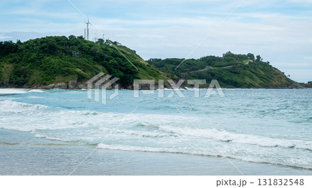 Coastal serenity waves crashing green hills beach scene calm environment scenic view Coastal serenity waves crashing green hills beach scene calm environment scenic view 131832548