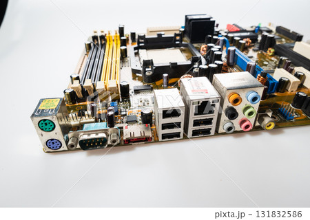 Computer motherboard components electronics workshop product image technology close-up view hardware details Computer motherboard components electronics workshop product image technology close-up view hardware details 131832586