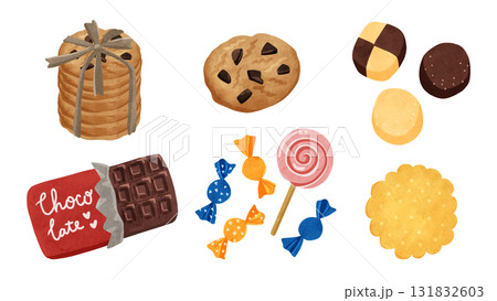 クッキー・キャンディ・チョコのセット 水彩風手描きイラスト クッキー・キャンディ・チョコのセット 水彩風手描きイラスト 131832603