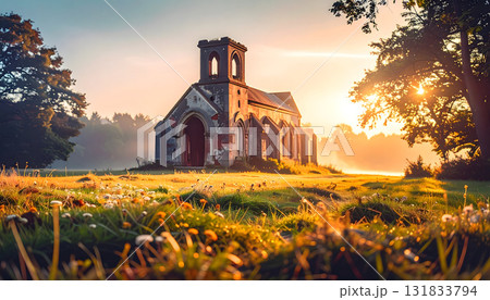 花々が咲く野原にある教会の廃墟 花々が咲く野原にある教会の廃墟 131833794