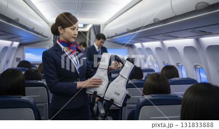 機内でお客様にサービスを提供するキャビンアテンダント 機内でお客様にサービスを提供するキャビンアテンダント 131833888