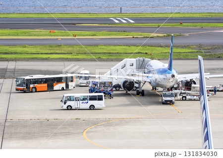 羽田空港の風景　到着した飛行機とタラップ車　東京都大田区 131834030