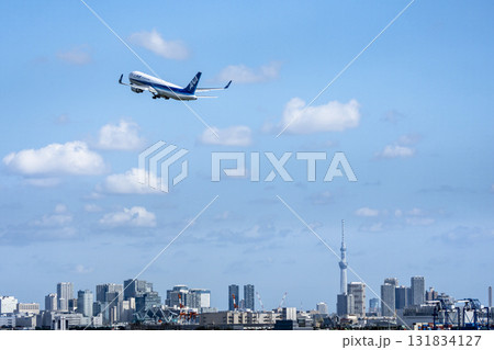 羽田空港の風景　離陸中の飛行機と東京スカイツリー　東京都大田区 131834127