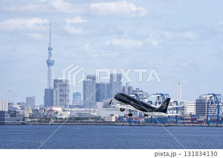 羽田空港の風景 離陸中の飛行機と東京スカイツリー 東京都大田区 羽田空港の風景 離陸中の飛行機と東京スカイツリー 東京都大田区 131834130
