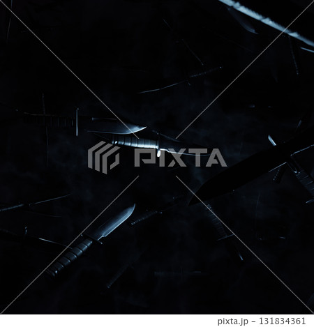 Knife Flies In The Darkness, dramatic and suspenseful visual, perfect for thriller scenes, cinematic projects, advertising, and intense creative media. 131834361