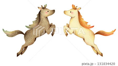 飛び跳ねる白馬と黒馬　手描き色鉛筆画 131834420