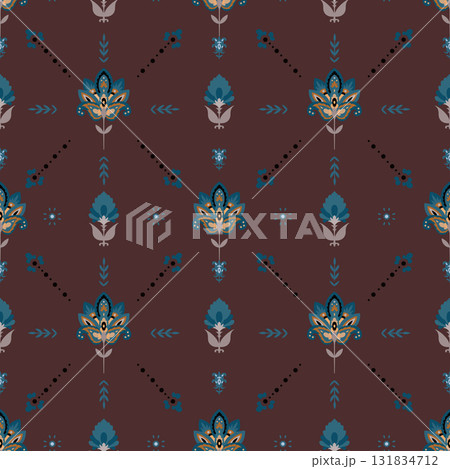 Maroon Teal Folk Floral Motif 131834712
