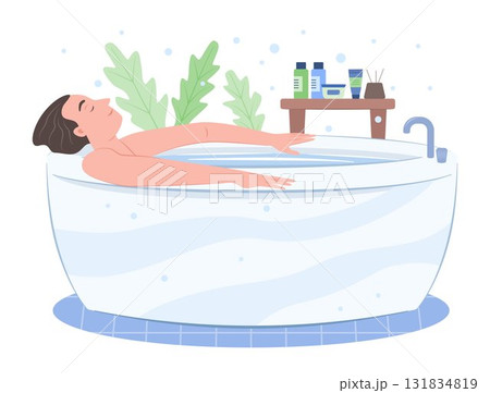 Relaxing Man Soaking in Bathtub for Clean Body and Healthcare Concept Illustration 131834819