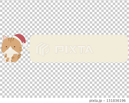 Brown tabby cat wearing a Santa hat. With speech bubble. 131836196