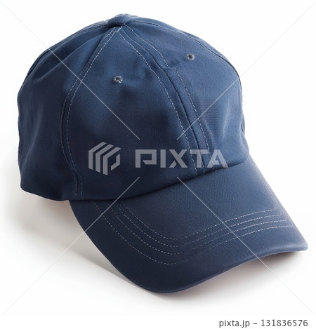 A plain navy blue baseball cap, shown on a white background. Perfect for showcasing apparel or branding 131836576