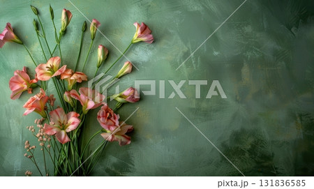 Delicate lisianthus blossoms in soft pink hues arranged on a textured green background, creating a charming floral composition Delicate lisianthus blossoms in soft pink hues arranged on a textured green background, creating a charming floral composition 131836585