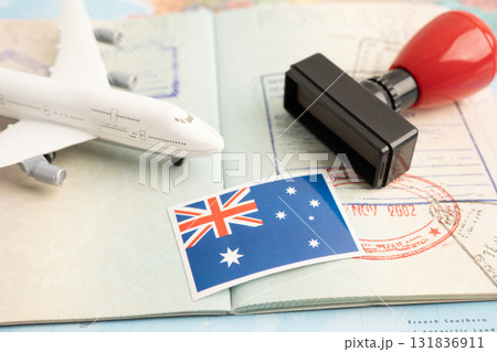 Australia flag and passport with airplane for travel. Australia flag and passport with airplane for travel. 131836911