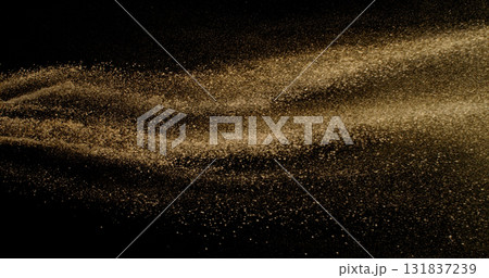 Fine beige cosmetic powder cloud suspended in air, isolated on black background. Elegant abstract motion concept captured in studio light. Makeup explosion and beauty design. 131837239
