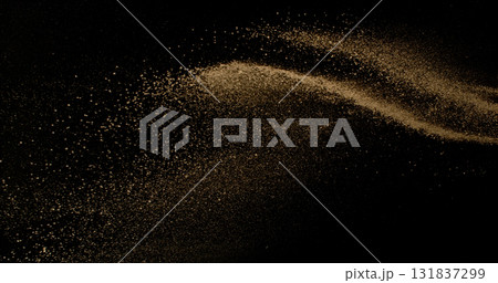 Fine beige cosmetic powder cloud suspended in air, isolated on black background. Elegant abstract motion concept captured in studio light. Makeup explosion and beauty design. 131837299
