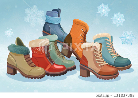 Winter warm various women's hiking boots on snow 131837388