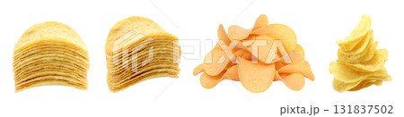 Set of crunchy potato chips piles isolated on transparent background 131837502