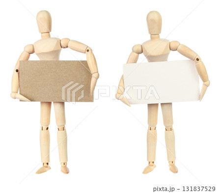 Set of wooden mannequins holding blank business cards, isolated on transparent background Set of wooden mannequins holding blank business cards, isolated on transparent background 131837529