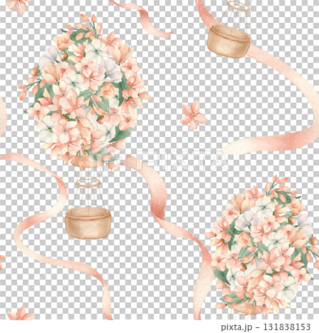 Floral air balloons peach watercolor seamless pattern for feminine design. Hand drawn air ships with pink flowers and satin ribbons pastel tones. Repeat design for wallpaper girl room, digital paper. Floral air balloons peach watercolor seamless pattern for feminine design. Hand drawn air ships with pink flowers and satin ribbons pastel tones. Repeat design for wallpaper girl room, digital paper. 131838153
