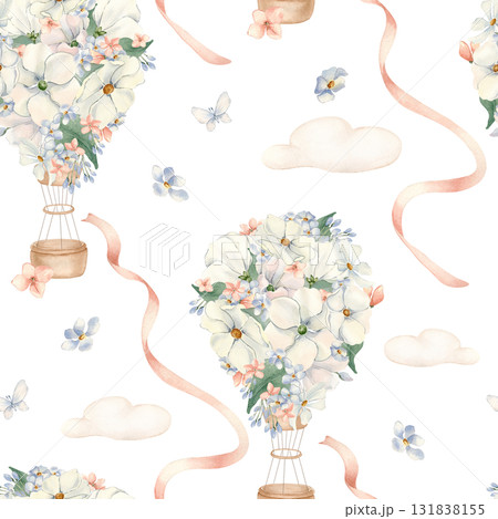 Delicate floral balloons girls room seamless pattern isolated white. Hand painted hot air balloons with pink satin ribbons. Beige soft clouds repeat background. Baby print for wallpaper, textiles. 131838155