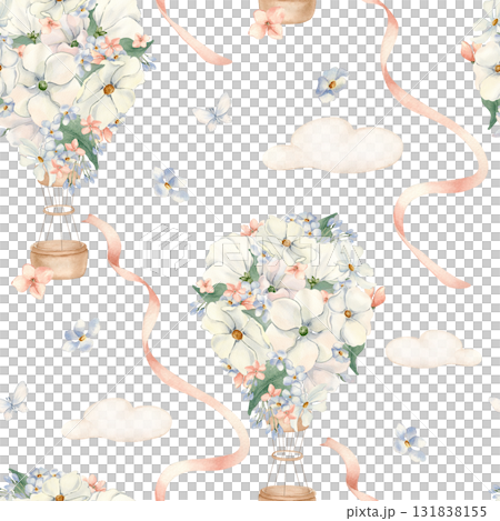 Delicate floral balloons girls room seamless pattern isolated white. Hand painted hot air balloons with pink satin ribbons. Beige soft clouds repeat background. Baby print for wallpaper, textiles. 131838155