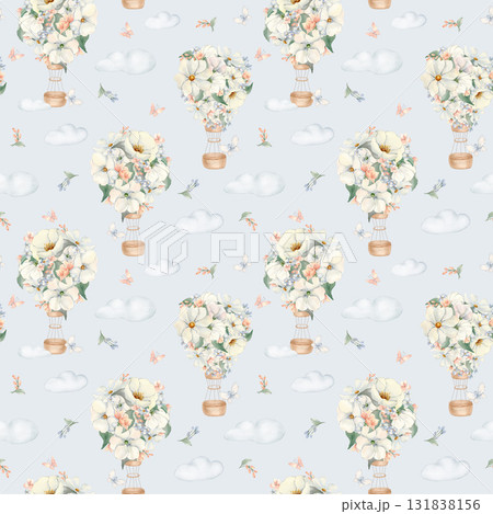 Watercolor air balloons and butterfly seamless pattern isolated on light blue. Hand drawn airships, clouds with blossoms in pastel colors. Endless print for baby room walls, baby shower background. Watercolor air balloons and butterfly seamless pattern isolated on light blue. Hand drawn airships, clouds with blossoms in pastel colors. Endless print for baby room walls, baby shower background. 131838156