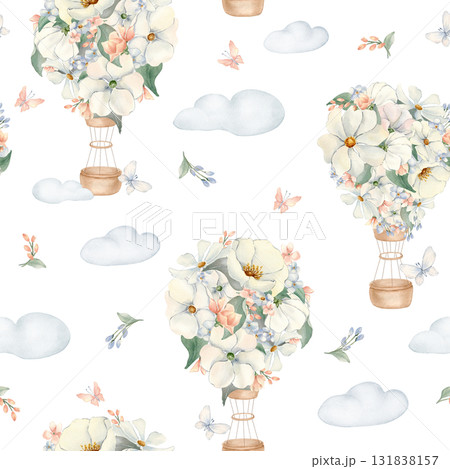 Floral Balloons pastel seamless pattern isolated white. Watercolor hot air balloons with neutral flowers and clouds hand painted. Repeat kids background for wallpaper or textiles. Baby shower design. Floral Balloons pastel seamless pattern isolated white. Watercolor hot air balloons with neutral flowers and clouds hand painted. Repeat kids background for wallpaper or textiles. Baby shower design. 131838157