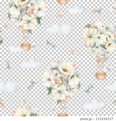 Floral Balloons pastel seamless pattern isolated white. Watercolor hot air balloons with neutral flowers and clouds hand painted. Repeat kids background for wallpaper or textiles. Baby shower design. Floral Balloons pastel seamless pattern isolated white. Watercolor hot air balloons with neutral flowers and clouds hand painted. Repeat kids background for wallpaper or textiles. Baby shower design. 131838157