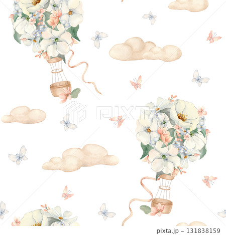 Watercolor seamless pattern floral hot air balloons in sky isolated white. Hand painted air ships with white flowers, clouds and butterflies in pastel tones. Repeat background for nursery wallpaper. Watercolor seamless pattern floral hot air balloons in sky isolated white. Hand painted air ships with white flowers, clouds and butterflies in pastel tones. Repeat background for nursery wallpaper. 131838159