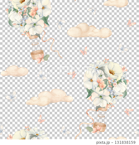 Watercolor seamless pattern floral hot air balloons in sky isolated white. Hand painted air ships with white flowers, clouds and butterflies in pastel tones. Repeat background for nursery wallpaper. 131838159