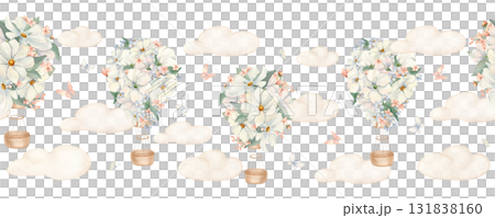 White flowers balloons on Seamless Border with clouds isolated. Hand drawn aerostats with clouds and butterflies in blush pink tones. Watercolor repeat background for nursery wall or textiles. 131838160