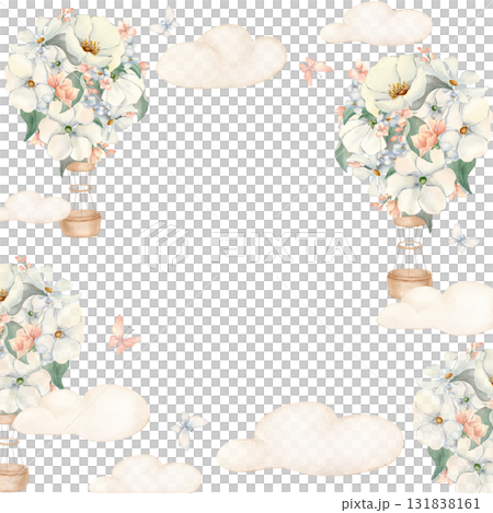 Floral Hot Air Balloon and clouds watercolor frame isolated. Drawing airship with white flowers and butterflies in soft beige tones. Children's border for design birthday invitations or cards. Floral Hot Air Balloon and clouds watercolor frame isolated. Drawing airship with white flowers and butterflies in soft beige tones. Children's border for design birthday invitations or cards. 131838161