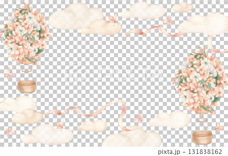 Little Pink Flowers on Hot Air Balloons frame isolated. Hand painted beige clouds border, butterflies and ribbons in soft peach tones. Watercolor illustration for nursery prints and girls room decor. 131838162