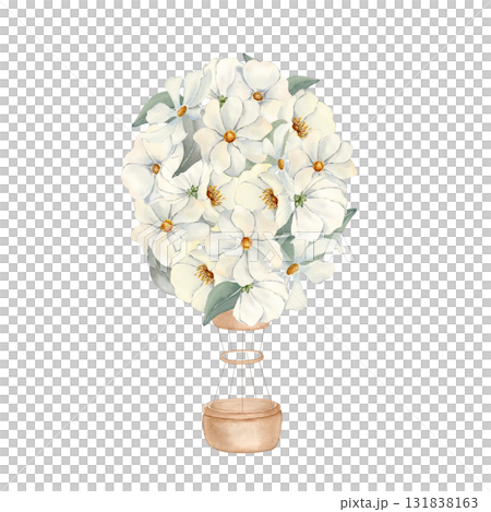 White hot air balloons of flowers pastels colors hand painted isolated background. Watercolor illustration for nursery wall art. Drawing for baby memory books and christening invitations. White hot air balloons of flowers pastels colors hand painted isolated background. Watercolor illustration for nursery wall art. Drawing for baby memory books and christening invitations. 131838163