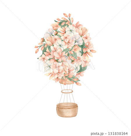 Little pink flowers on hot air balloon for baby girl Illustration. Hand painted pastel airplane in soft peach tones isolated white. Watercolor botanical drawing for nursery print or baby shower invite Little pink flowers on hot air balloon for baby girl Illustration. Hand painted pastel airplane in soft peach tones isolated white. Watercolor botanical drawing for nursery print or baby shower invite 131838164