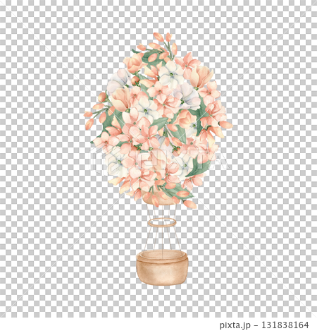 Little pink flowers on hot air balloon for baby girl Illustration. Hand painted pastel airplane in soft peach tones isolated white. Watercolor botanical drawing for nursery print or baby shower invite 131838164