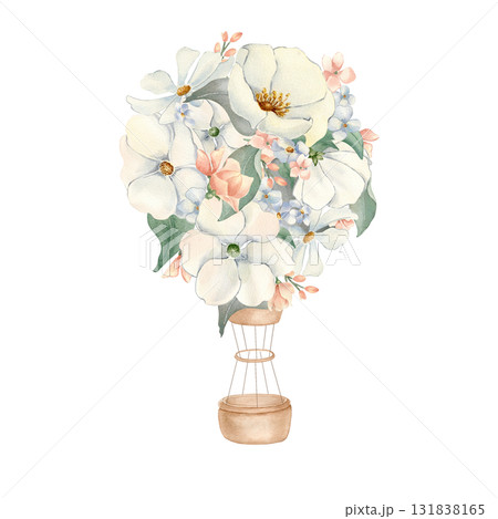 Floral Hot Air Balloons Watercolor Illustration isolated background. Hand painted balloons with white flowers in soft pastel tones. Children's design for nursery wall decor and birthday invitations. Floral Hot Air Balloons Watercolor Illustration isolated background. Hand painted balloons with white flowers in soft pastel tones. Children's design for nursery wall decor and birthday invitations. 131838165